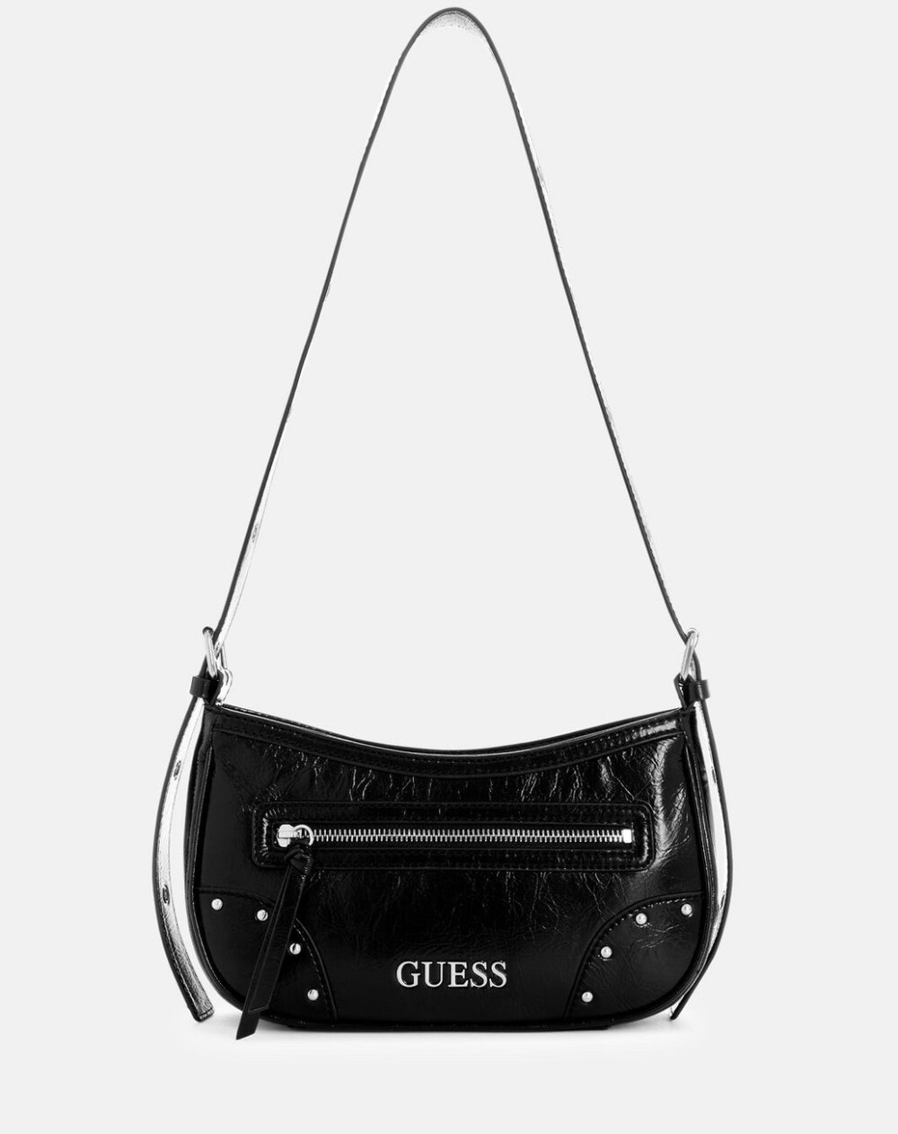 Guess Black Crescent Shoulder Bag with Front Zip and Studs